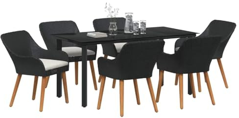 vidaXL Garten Essgruppe mit Kissen 7 pcs Schwarz Poly-Rattan, Stylisches Garten- und Terrassenset, Moderne UV-beständige Materialien, Tisch und Stühle für Essen im Freien