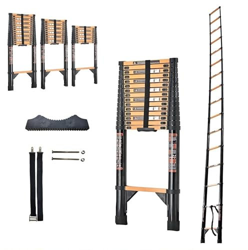 Hooha Teleskopleiter 3.9m/5.1m/6.3m Anti-Rutsch-Leiter Stabilisator ausziehbare Klappleiter mit rutschfesten Gummifüßen tragbare Loftleiter für den Einsatz an Mauern Bäumen und Pfählen maximalen 150kg