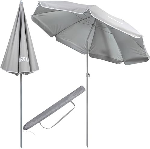 BESTIF Parasol de plage avec piquet - 160 cm - 180 cm - Barre en aluminium inclinable, gris, 180 cm
