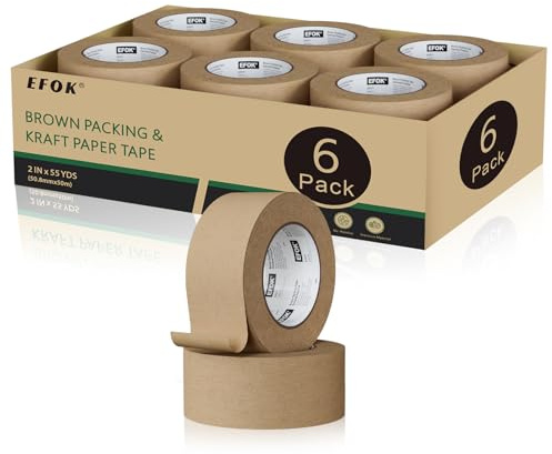 EFOK 6 Rolls Brown Packing Tape Bulk Packaging Kraft Paper Tape 2In X 55Yds
