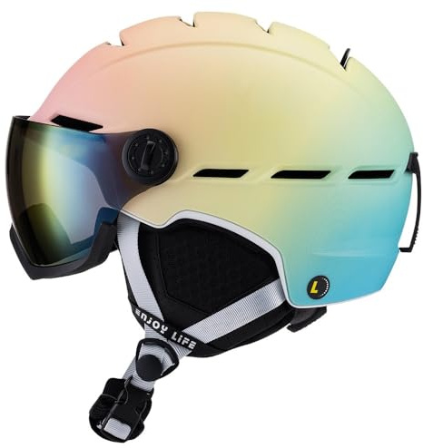 Ski and Snowboarding Helmet, Integrated UV Visor, Push Button Ventilation, High Impact Protection, Lightweight, Ear Pads, Click to Adjust Size, Men, Women and Kids. (Fantasy Yellow, S)