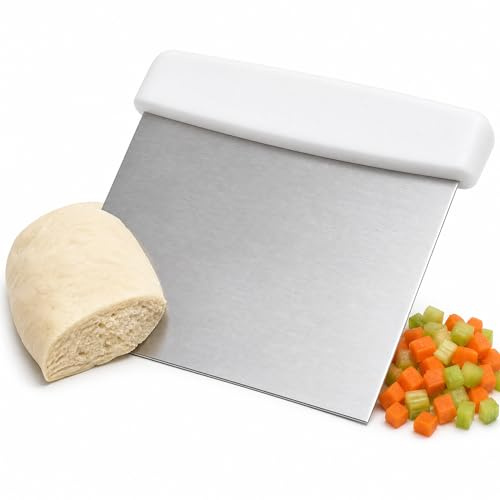 Notana Stainless Steel Dough Cutter and Bench Scraper with White Plastic Handle - Pastry Scraper and Dough Divider for Bread, Pizza, Pastry, Baking Prep, and for Kitchen Use (5 7/8 x 4 1/4)