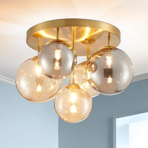 SHRINE LIGHTING Moderne Gold Blasenglas-Deckenleuchte, Glas-Deckenleuchte für Wohnzimmer, D35 x H30cm, G9-Sockel 4-Lampen (Glühbirnen nicht im Lieferumfang enthalten), Gold Finish