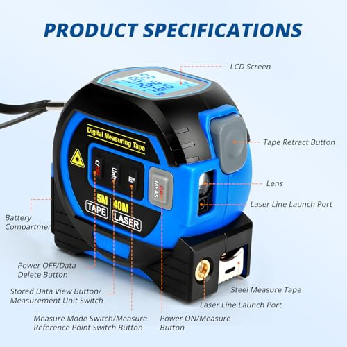 3-in-1 Laser Tape Measure with Cross Line Level, Digital Laser Measurement Tool 131ft/40m Laser Distance+16ft/5m AutoLock Tape | Backlit LCD Display (Ft/Inch/M/mm) | for road engineering, residential