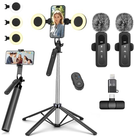 Treppiede per cellulare Vlogging-Kit per iPhone/Android, selfie stick da 180 cm con 2 luci di riempimento e microfono senza fili, treppiede per smartphone, kit di partenza per Tiktok/YouTube