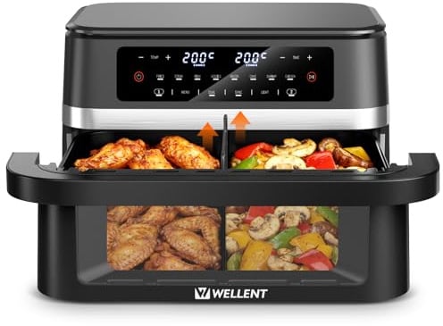 WELLENT 12L Dual Zone Airfryer XXL - 2950W Heißluftfritteuse 2 Kammern(6+6L) - Heissluftfritteuse Doppelkammer mit Sichtfenster, Match & Sync-Funktion, Schüttel-Erinnerung, Spülmaschinenfest