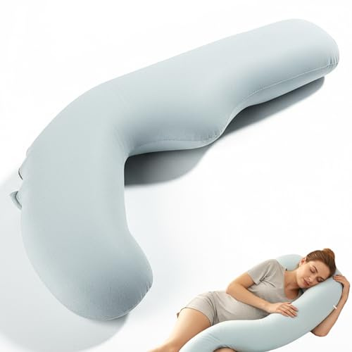 Seitenschläferkissen Schwangerschaftskissen mit Bezug Waschbar, Ergonomisches Körperkissen fürs Bett, J-förmiges Stillkissen Ganzkörperkissen für Seitenschläfer zur Entlastung von Rücken Bauch Beinen