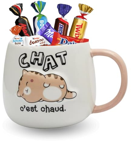 PRO DISTRI KINDER, MILKA, CÉLÉBRATIONS - Mug Kawaii Chat 3D et 25 Chocolats | Idée Cadeau Gourmand Anniversaire & Fête des Mères
