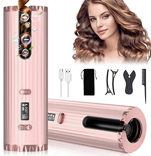 Automatischer Lockenstab, Professional Kabellos Lockenwickler, Negativ-Ionen Lockenstab, USB Aufladen, Timer und 6 Temperaturen, Tragbarer Ceramic Lockenstäbe für Große, Kleine Locken