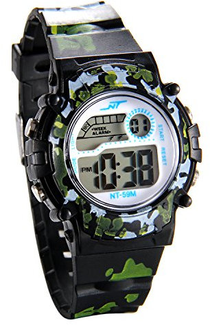 JewelryWe Kinder Studenten Armbanduhr, Multifunktions Camouflage Digital Elektronische Uhr Sportuhr mit LED Licht, Alarm, Stoppuhr, Kalender, Datum und Tag Farbe: Schwarz