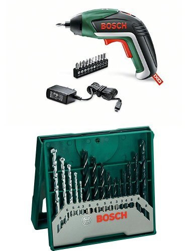 Bosch IXO - Atornillador a batería IXO Basic + Pack con 15 brocas para metal, piedra y madera, perforación 3- 8 mm