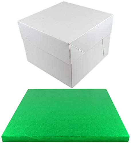 Square Coloured Drum Cake Board and White Transporting Box (Green, 8 Inch)