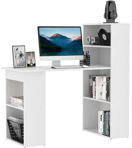 HOMCOM Bureau Informatique, Bureau avec Rangement, 6 Compartiments Ouverts, Table d'ordinateur pour Chambre, Studio, 120 x 55 x 120 cm, Blanc
