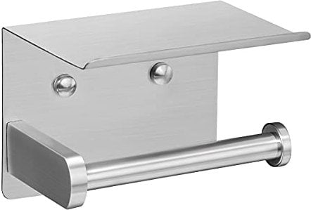 VAEHOLD Self Adhesive Toilet Paper Holder with Phone Shelf SUS304 Stainless Steel Wall Mounted Toilet Paper Roll Holder - Rustproof and Bathroom Washroom Tissue Roll Holder with Storage Shelf - Silver