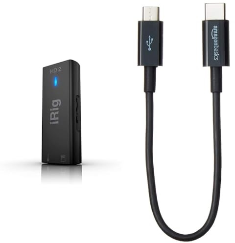 IK Multimedia iRig HD 2 - Schnittstelle für Gitarre, 96 kHz mit 24-Bit-A/D-Umwandlung, überragender Audioqualität & AmazonBasics - Verbindungskabel, USB Typ C auf Micro-USB Typ B, USB 2.0, 15,2 cm