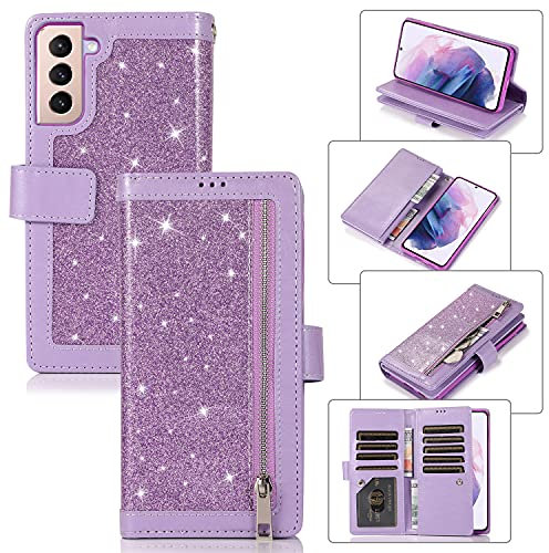 EYZUTAK Wallet Case for Samsung Galaxy S21 5G, Magnetic Handbag Zipper Pocket PU Leather Flip with 9 Card Slots and Wrist Strap Folio TPU Inner Stand Case - Purple