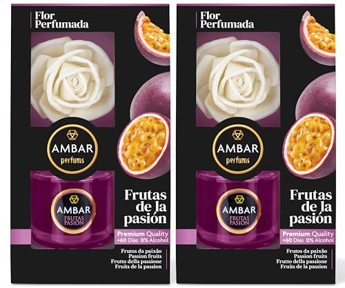 Ambar Perfums Ambientador Flor Difusora. Ambientador Casa Flor Perfumada Frutas de la Pasión 0% Alcohol, +60 días duración. (Pack 2 uds. x 75 ml)