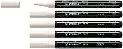 STABILO - Acrylmarker - FREE Acrylic T100 - Strichbreite 1-2 mm - 5er Pack - weiß