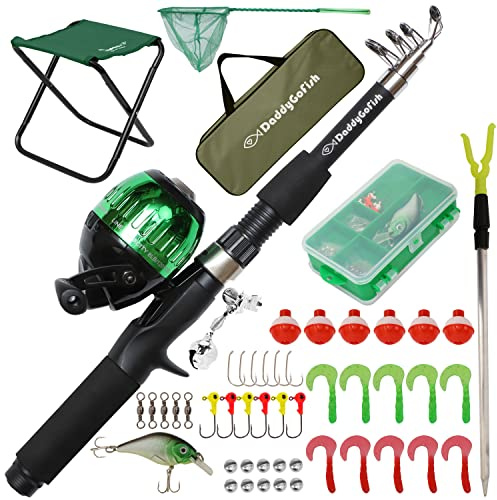 Kinder Angelrute Jungen, Mädchen & Jugend - Kleinkind Angelrute Set Kit | Kleinkind Angelrute Einsteiger Set für Jugend Jungen & Mädchen, Rute mit Druckknopf, Zubehörbox, Stuhl, Kescher & Tasche