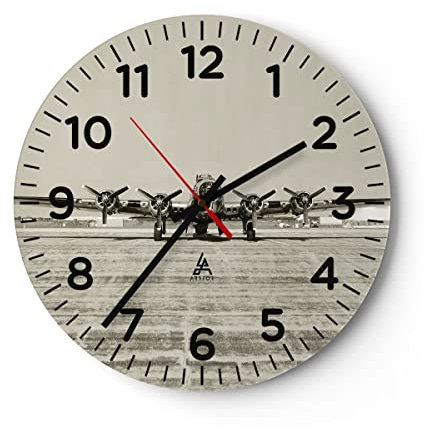 Modern Wanduhr Flugzeug alt Bomber 30x30cm Rund Klein Wand Uhr Glas Analog Zimmeruhren Küche Büro Wohnzimmer Glasuhr Wall Clock Dekoration Design Wanddekoration Küchenuhr C4AR30x30-4184