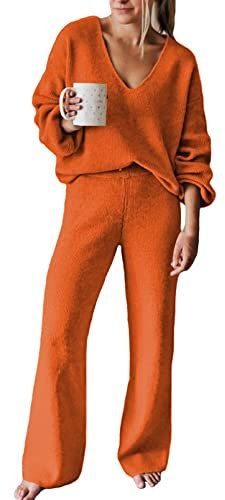 Viottiset Ensemble pyjama décontracté ample à manches longues pour femme, ensemble de détente surdimensionné, orange, taille L