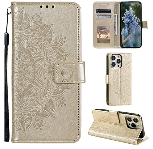 EYZUTAK Case for iPhone 14 Pro, Premium Leather Flip Wallet Case with Card Slots Holder Kickstand Hand Strap Mandala Half Flower Design Embossed Shockproof Cover Case - Gold
