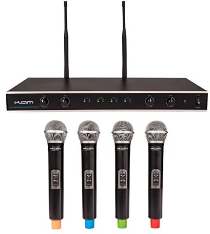 KAM KWMQ4E Quartet ECO 4-Channel Professional UHF Wireless Microphone System with 4 Dynamic Cardioid Handheld Mics and Receiver
