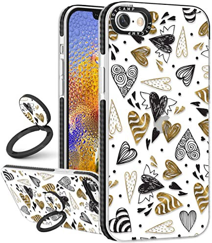 Toycamp for iPhone 6/6S/7/8/SE(2020/2022) Case, Cute Heart Graffiti Design for Women Men Girls Boys Black Gold Hearts Print Clear Case with Ring Kickstand Cover for iPhone 6/6S/7/8/SE, 4.7 inch