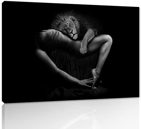 Yatsen Bridge Sexy Leinwand-Kunst, moderne Körperkunst, Frauen und Löwe, schwarz-weiß, gerahmt, Tänzerin, Kunstwerk für Wohnzimmer, Schlafzimmer, Badezimmer, Dekoration, gespannt, fertig zum