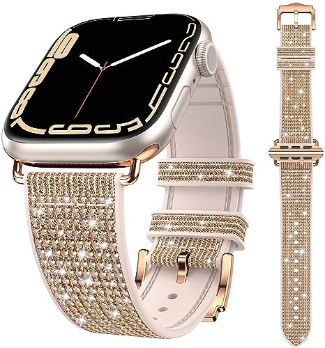 Kamita Bling Cinturino Compatibile con Apple Watch 38mm 40mm 41mm per Ragazze e Donne, Regolabile in Diamante Silicone Strap per Apple Watch Series(Oro rosa)