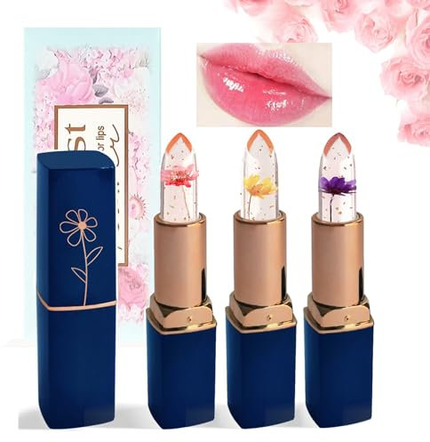Bekoeen 3Stück Clear Flower Jelly Lippenstift Set, Jelly Natural Farbwechsel Lippenbalsam,mit Aloe Vera Nährende,Feminin Pflegender Lippenstift Kosmetik