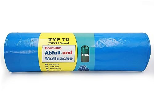 Inoverse 200 Stück(10 Rollen) Müllsäcke 120 Liter, Reißfest Müllbeutel, Abfallsäcke, 70x110 cm Blaue Müllsack, Mülltüten aus Recycling LDPE