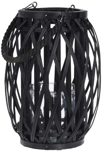 Home4You Windlicht - Schwarz - Rattan - 23 x 30 cm - mit Seilgriff und Kerzenhalterglas