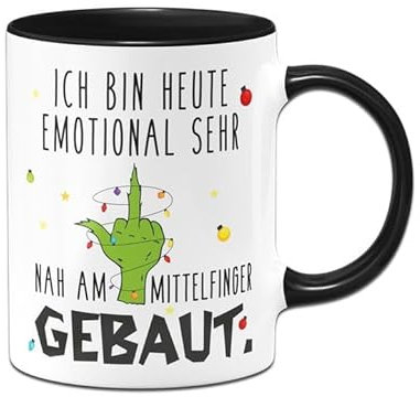 Tassenbrennerei Grinch Tasse - Ich bin heute emotional sehr nah am gebaut - Weihnachtstasse lustig mit Spruch - Kaffeetasse Anti Weihnachten (Schwarz)
