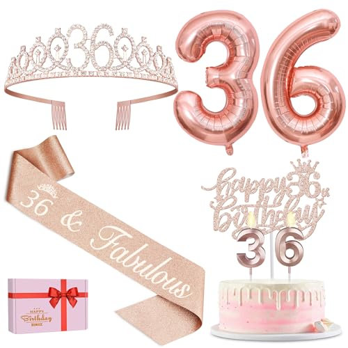 36 Geburtstag Dekorationen für Frauen, einschließlich Schärpe und Diadem, Tortenaufsatz und Kerzen, Zahlenballons, 36 Jahre alte Geschenke für Frauen