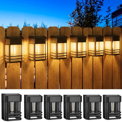 Woolmug 6 Pack Solar Fence Lights Outdoor Garden, Retro Design, Warm White | Waterproof, Edison LED Bulbs, Auto On/Off, Solar Powered Wall Lighting for Patio Decking Gate Yard Decoration