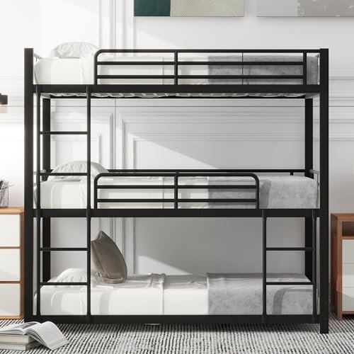 Idemon 90x200cm Bettgestell Metallbett,Etagenbett,Eisenbett, Dreifach-Etagenbett für Kinder, Jugendliche und Erwachsene, Schwarz