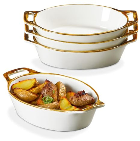 ONEMORE Au Gratin Baking Dish, 20 oz Oval Ceramic Small Casserole Dishes with Handles, 6x8 Individual Baking Dish for 1-2 People, Oven Safe for Pies & Meals, Set of 4 Single Serving Dishes, Brown Rim