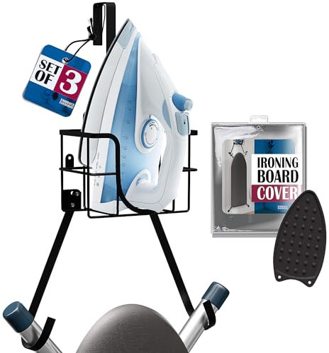 Ironing Board Holder Wall Mount & Over The Door Hanger, Laundry Room Ironing Board & Iron Hanger, Storage Caddy Iron Holder T&V Shaped, Ironing Board Cover & Pad Set Heat Reflective & Stain Resistant
