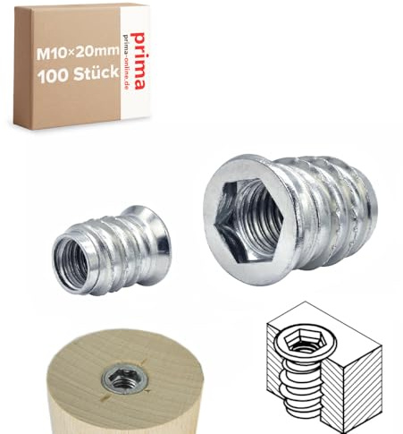 Einschraubmutter M10 x 20 mm – Einschraubmuffen/Eindrehmuffen aus verzinktem Stahl – Innengewinde für Holzbau & Möbelbau (100 Stück)
