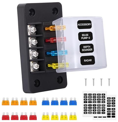 GUNGY 4 Fach Sicherungshalter 12 Volt KFZ Sicherungskasten Sicherungshalter Flachsicherung mit 16Pcs Sicherungen und Etiketten für Auto Boot Wohnmobil
