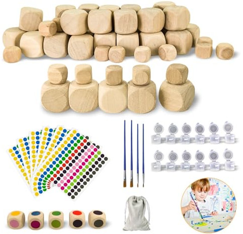 Annickee 50 Pezzi Dadi di Legno Vuoti, Dadi Da Gioco Cubi Legno, 20mm &12mm, Non Verniciato Cubi per Artigianato con Drawstring Sacchetto E Colore Dot Sticker, Cubetti per Fai da te e Artigianato