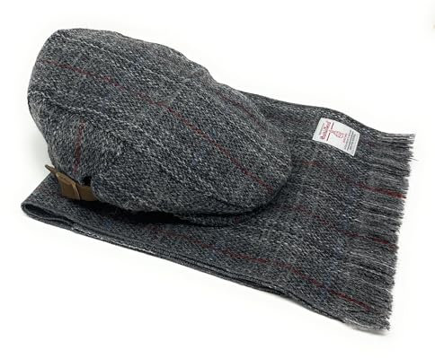 Scott and MacKenzie Harris Tweed Flatcap und Schal Set in grauem Schottenkaro, grau, One size