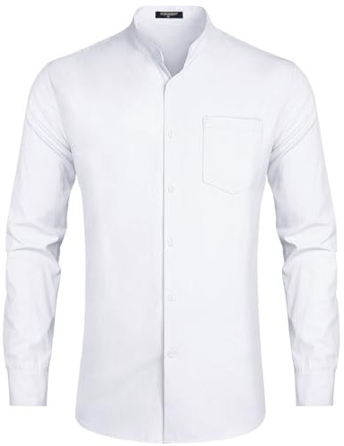 HISDERN Chemise Blanche Homme Manches Longues Coton Chemise Habillée Homme Bouton de Manchette Couleur Unie Col Mao pour Casual Business Mariage Hiver XL