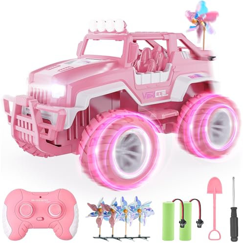 BEZGAR Ferngesteuertes Auto Rosa Jeep - 1:16 SUV Off-Road Auto mit 4 Windmühlen, 80 Min. Spielzeit, LED-Leuchten, 2,4 GHz Monster Trucks, Spielzeugauto Geschenke für Kinder, Mädchen ab 3–12 Jahren