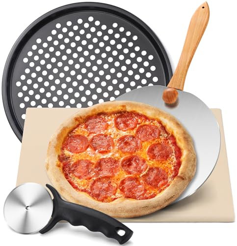 Piedra de pizza para horno Pleafind 38cmx30cm - Corteza de pizza - Bandeja de pizza de 33cm, Piedra de pizza de cordierita para grill de gas Set para pizza italiana (5en1)