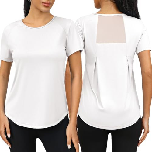 Wayleb Sportshirt Damen Kurzarm - Leichtes Atmungsaktiv Sport T-Shirt - Sommer Funktionsshirt mit Back Mesh - Locker Casual Sportoberteil fur Fitness Gym Yoga, Weiß XL