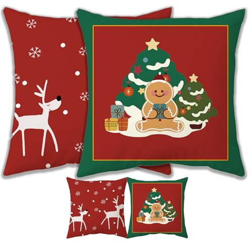 POPOYU 2 Stück Kissenbezug Weihnachten, 45x45cm Weihnachtskissenbezug Kissenbezug Rot Deko Kissenbezug Baumwolle Leinen Xmas Lebkuchenmann Elch Zierkissenbezug Weihnachtsdeko Cushion Cover Couch Deko