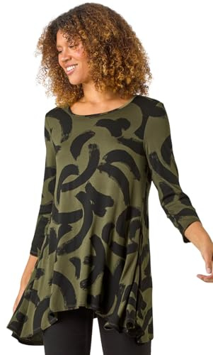 Roman Originals Hanky Hem Tunic Top for Women UK - Ladies Longline Blouse Asymmetric Hemline Casual Slouch Loose 3/4 Sleeves Round Neck Relaxed Comfortable Holiday - Khaki Black - Size 12