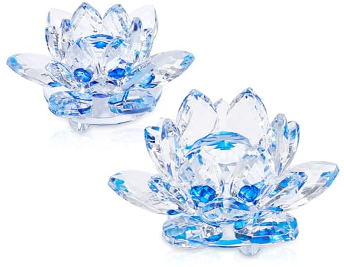 AHANDMAKER 2Pcs Sparkle Crystal Lotus Flower Figurines, 2 Sizes Blue Lotus Flower Decor, Decorative Lotus Flower Ornament, Lotus Tabletop Centerpieces for Feng Shui Home Decor Party Photography Props